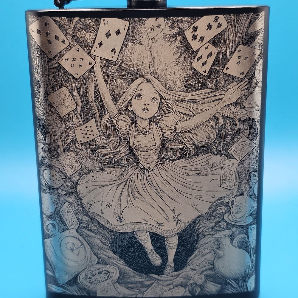 Hand Crafted Black and Silver Alice In Wonderland Flask